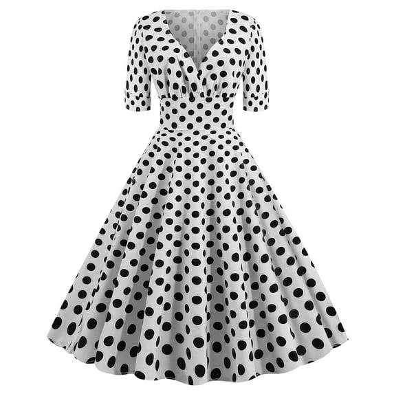 Lolmot Womens 1950s Retro Cocktail Party Swing Dress Short Sleeve V-Neck Polka Dot Color Block Audrey Dress Casual A-Line Midi Dress