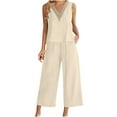 thumbnail image 1 of Lolmot Womens 2 Piece Outfits Linen Lounge Matching Sets Lace Splicing V-Neck Sexy Sleeveless Tank Top and Loose Pants Set Summer Beach Tracksuit, 1 of 1