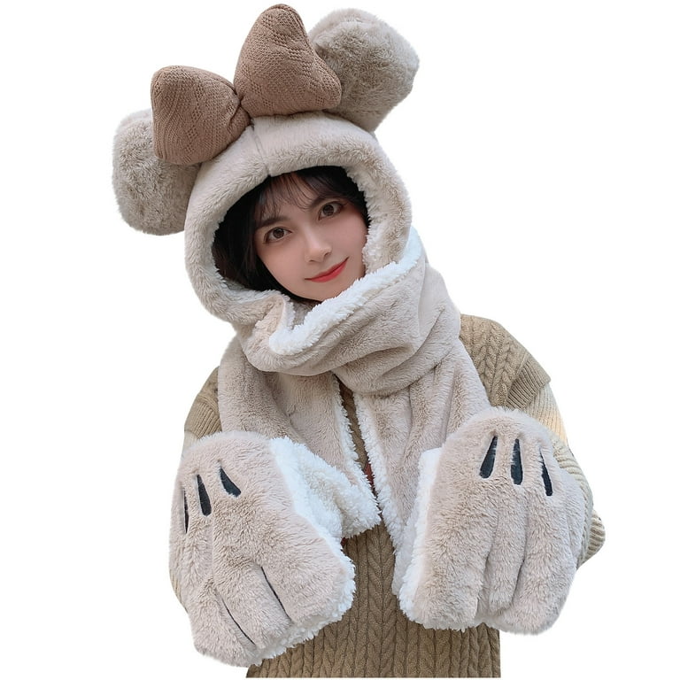 Lolmot Womens 3-in-1 Fleece Hooded Scarfs Winter Warm Hooded Long Scarf  Soft Cute Bow Hat Wrap Head Scarves Hat Gloves One-Piece 