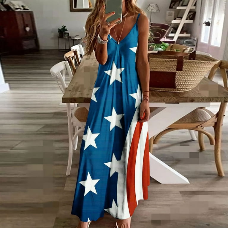 Lolmot Womens 4th of July Outfits Sexy Deep V Neck Sleeveless Spaghetti  Strap Sling Long Dress Patriotic Maxi Dress on Clearance 