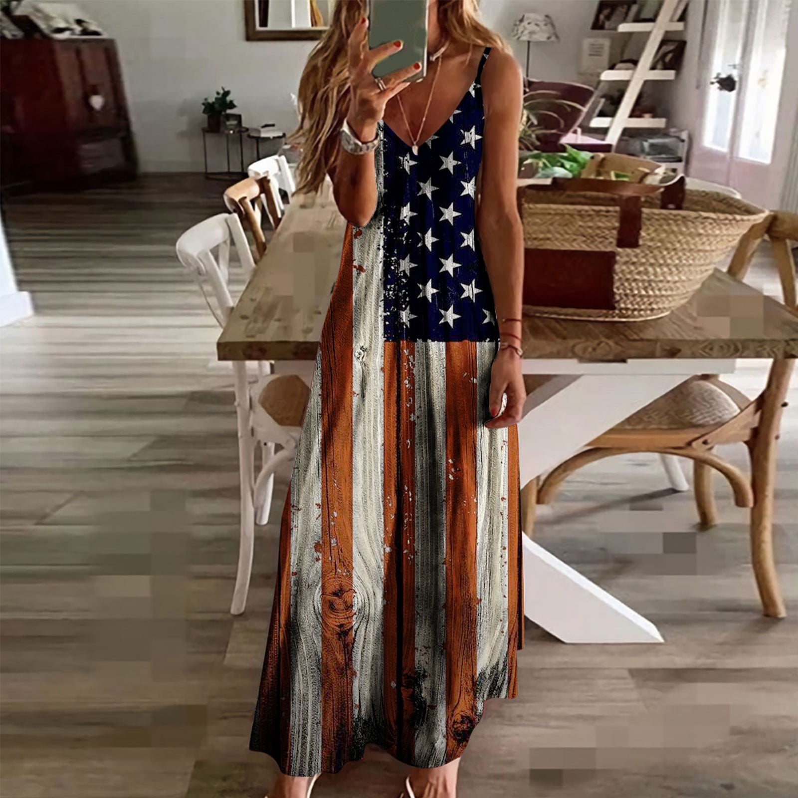 Lolmot Womens 4th of July Outfits Sexy Deep V Neck Sleeveless Spaghetti  Strap Sling Long Dress Patriotic Maxi Dress on Clearance
