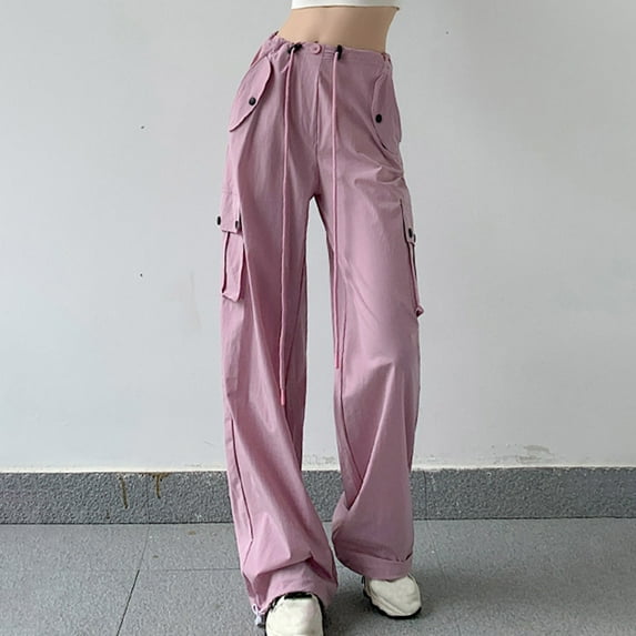 Lolmot Womens Baggy Parachute Pants Teen Girls Fashion Drawstring Pockets Cargo Pants Pink Trousers Casual Loose Y2K Wide Leg Pants on Clearance