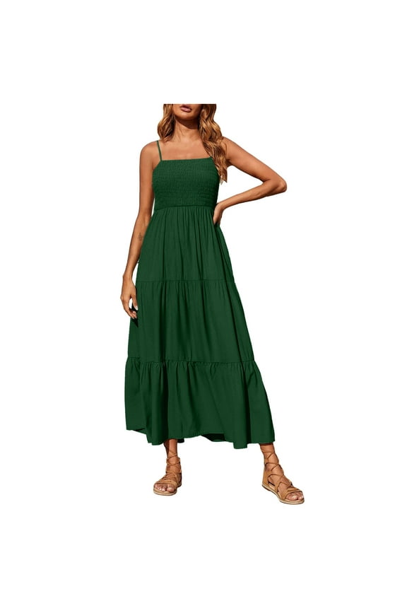 Up to 65 off!Lolmot Womens Bohemian Dress Casual Spaghetti Strap Smocked Tiered Flowy Long Beach Sun Dresses Summer Sleeveless Solid Maxi Dress