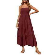 QUCOQPE Up to 65 off!Lolmot Womens Bohemian Dress Casual Spaghetti Strap Smocked Tiered Flowy Long Beach Sun Dresses Summer Sleeveless Solid Maxi Dress