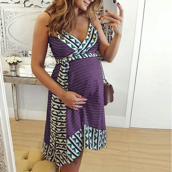 Lolmot Womens Boho Maternity Dress Sexy Wrap V Neck Sleeveless Dress Summer Tie Waist Cross Backless Spaghetti Strap A-Line Dress for Nursing Baby Shower on Clearance