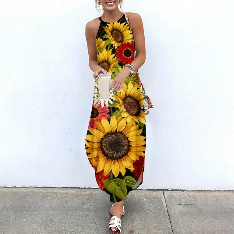 Lolmot Womens Boho Summer Dress Sunflower American Flag Dresses Sleeveless  Beach Cover Up Long Sundress Casual Halter Slit Maxi Dress on Clearance 