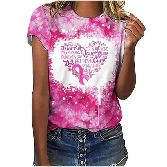 Lolmot Womens Breast Cancer Awareness Tops Casual Loose Pink Ribbon Print Summer Short Sleeve Round Neck Plus Size Tops T-Shirt