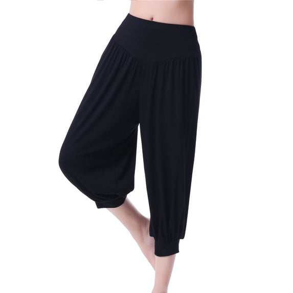 Lolmot Womens Casual Lantern Pants High Stretchy Waist Cuff Leg Pleated Cropped Pant Solid Color Loose Workout Dancing Yoga Trousers Knee Length Pants
