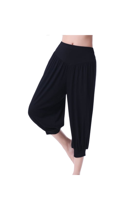 Lolmot Womens Casual Lantern Pants High Stretchy Waist Cuff Leg Pleated Cropped Pant Solid Color Loose Workout Dancing Yoga Trousers Knee Length Pants