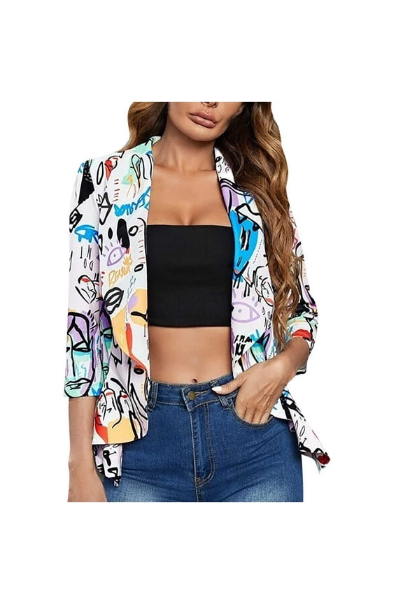 Lolmot Womens Classic Draped Open Front Blazer Trendy Long Sleeve Abstract Print Jacket Coat Lapel Slim Fit Casual Cardigan Commuter Jacket