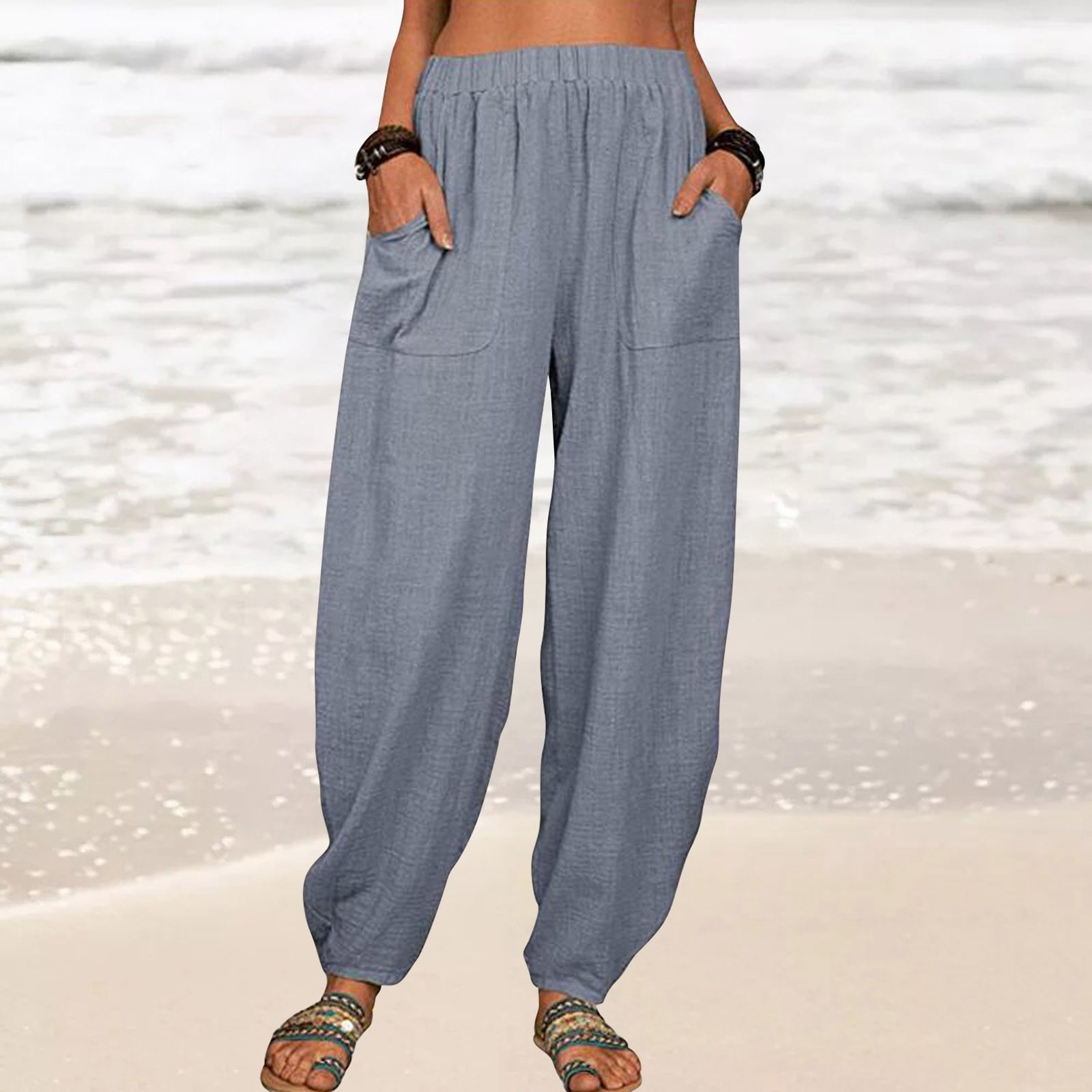 BEUU Women's Cotton Linen Pants - High Rise Elastic Waist, Loose Fit With Side Pockets, Casual Trousers