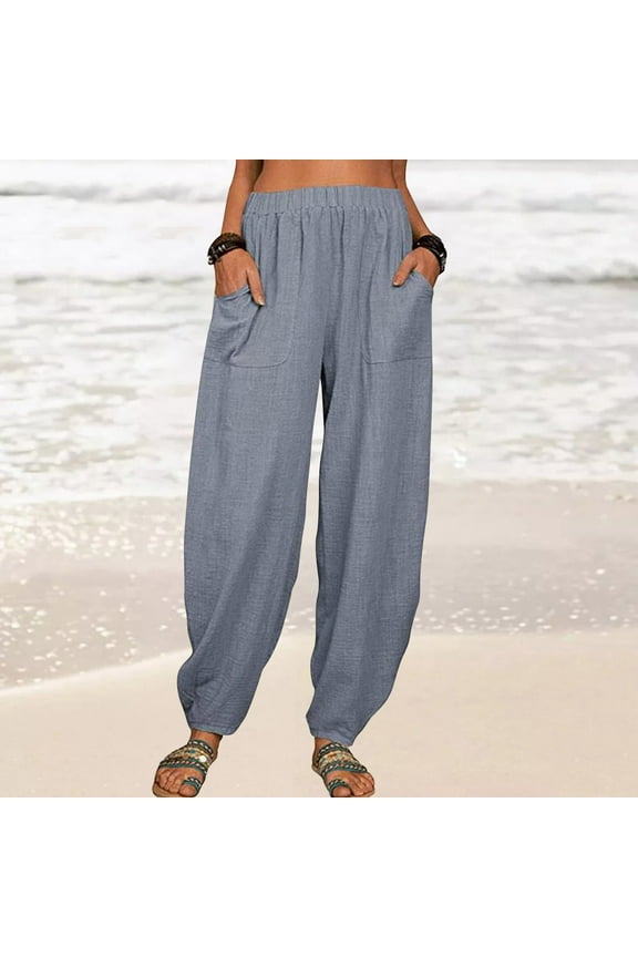 Lolmot Womens Cotton Linen Lightweight Harem Pants Baggy Tapered Jogger Pants Solid Color Comfy Casual Beach Trousers with Pockets