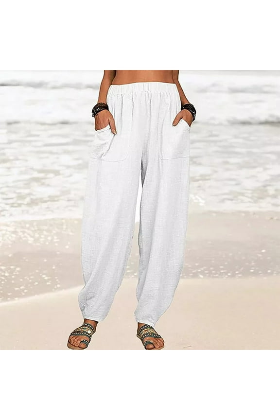 Lolmot Womens Cotton Linen Lightweight Harem Pants Baggy Tapered Jogger Pants Solid Color Comfy Casual Beach Trousers with Pockets