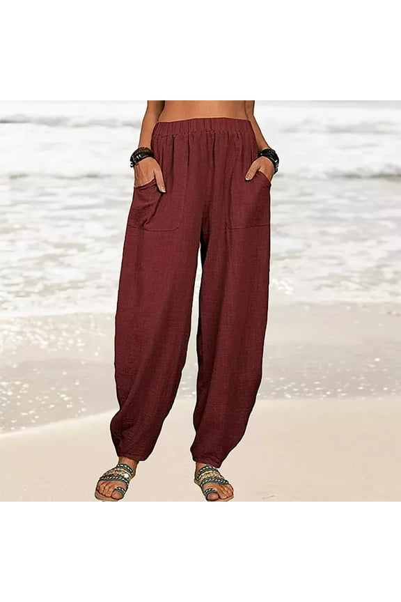 Lolmot Womens Cotton Linen Lightweight Harem Pants Baggy Tapered Jogger Pants Solid Color Comfy Casual Beach Trousers with Pockets