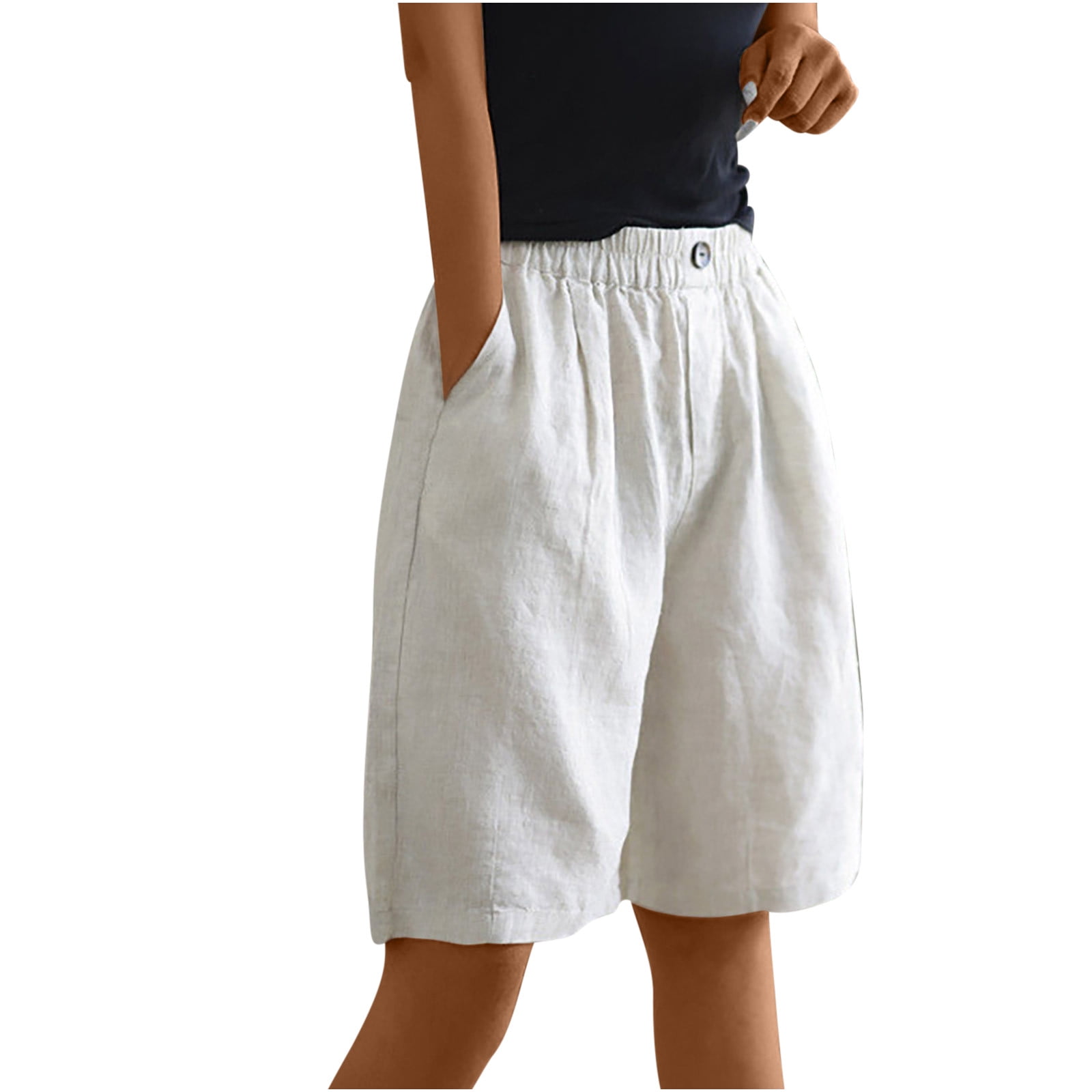 Lolmot Womens Cotton Linen Summer Shorts Loose Fit Half Elastic Waist ...