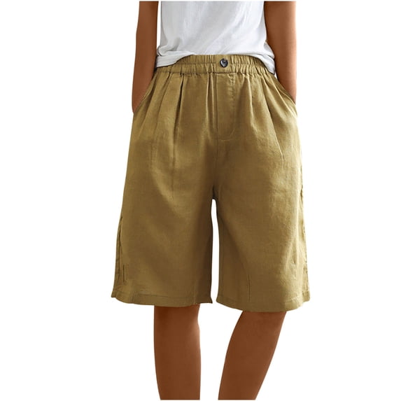 Lolmot Womens Cotton Linen Summer Shorts Loose Fit Half Elastic Waist Bermuda Shorts High Rise Wide Leg Plus Size Short Pants Breathable Lounge Shorts with Pockets