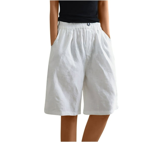 Lolmot Womens Cotton Linen Summer Shorts Loose Fit Half Elastic Waist Bermuda Shorts High Rise Wide Leg Plus Size Short Pants Breathable Lounge Shorts with Pockets