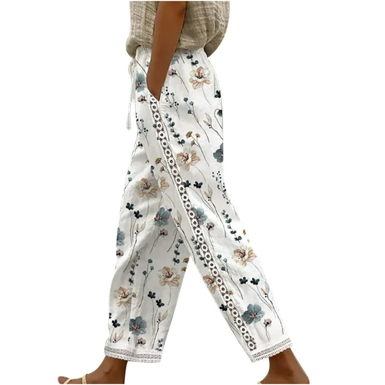 Lolmot Womens Cotton Linen Tapered Pants Elastic High Waist