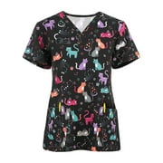 Lolmot Womens Cute Cartoon Animal Print Scrub Tops V Neck Short Sleeve Casual Comfty Nurse Working Uniform with Pockets