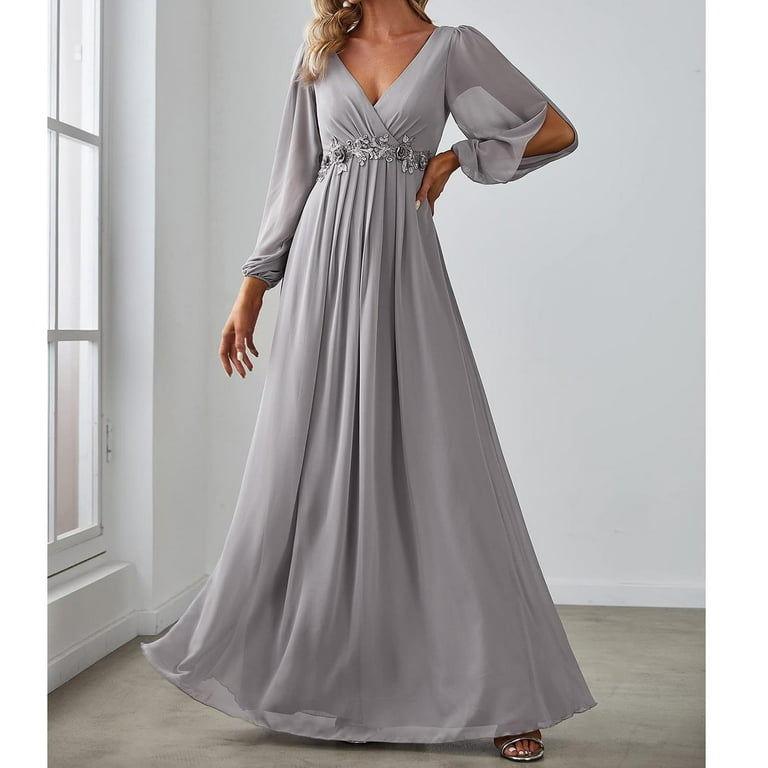 Lolmot Womens Elegant Sexy V-Neck Long Sleeve Chiffon Dress