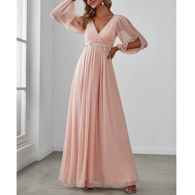 Lolmot Womens Elegant Sexy V-Neck Long Sleeve Chiffon Dress Grecian Flowy  Wrap Maxi Evening Dress Party Dress 