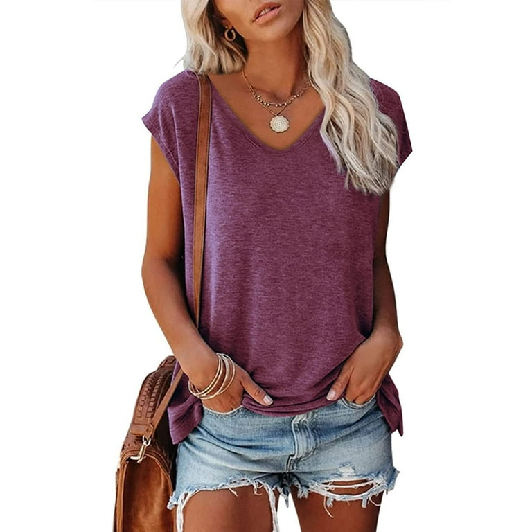 Lolmot Womens Fashion Cap Sleeve T Shirts Casual Solid Color V Neck Summer  Tops Tees Summer Loose Fit Tank Tops on Clearance 