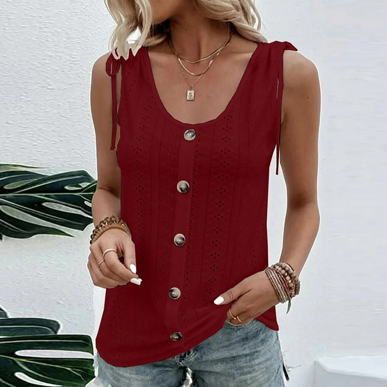 Lolmot Womens Fashion Tank Tops Casual Crochet Cami Top Hollow Out Tank  Vest Dressy Tie Shoulder Botton Summer Sleeveless Shirts Blouse on  Clearance 