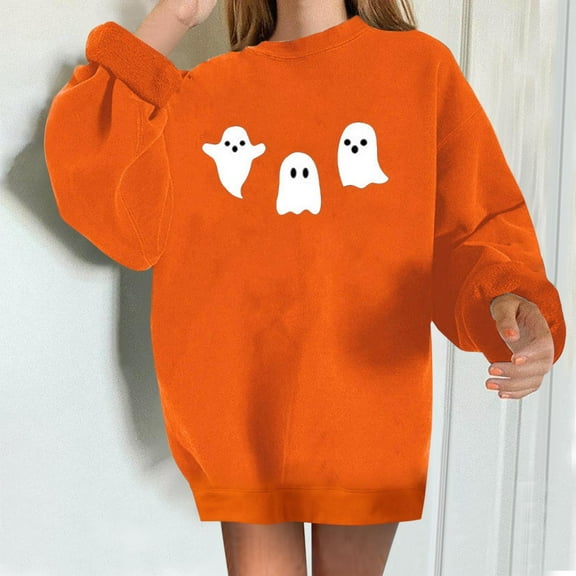 Lolmot Womens Fleece Sweatshirt Halloween Cute Ghost Print Pullover Teen Girl Trendy Loose Casual Long Sleeve Crewneck Going out Tops