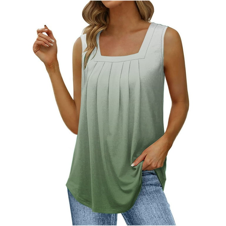 Lolmot Womens Gradient Pleated Square Neck Sleeveless Tops Summer Loose Fit  T-shirt Blouses Casual Long Tank Tops Pair with Leggings on Clearance