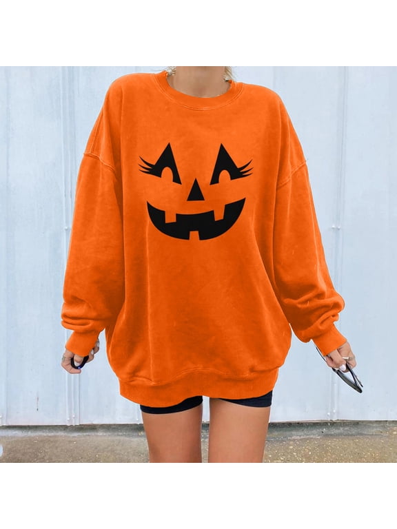 Womens Halloween Pumpkin Face Print Long Sleeve Loose Sweatshirts Casual Round Neck Lightweight Orange Pullover Tops