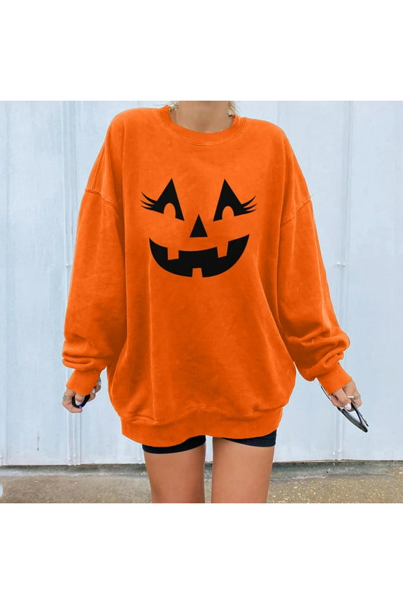 Womens Halloween Pumpkin Face Print Long Sleeve Loose Sweatshirts Casual Round Neck Lightweight Orange Pullover Tops