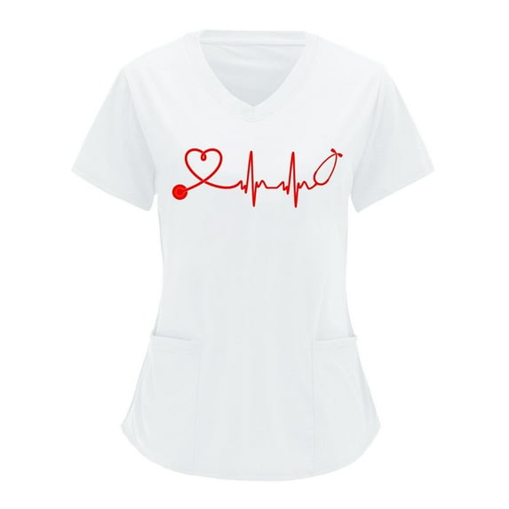 Lolmot Womens Heart Print Scrub Tops Summer Casual Short Sleeve Nurse Uniform V Neck Working Scrub Shirts with Pockets on Clearance