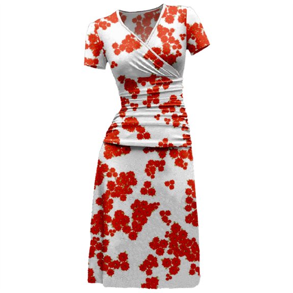 Lolmot Womens High Waist Dresses Summer Fashion Wrap Slim Dress Women Short Sleeve Floral Printing Mid-Calf Ruched Bodycon Dresses