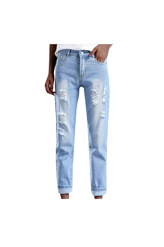 Lolmot Womens High Waist Stretch Distressed Jeans Destroyed Washed Distressed Ripped Denim Pants Versatile Straight Leg Slim Cropped Pants