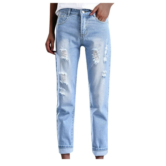 Lolmot Womens High Waist Stretch Distressed Jeans Destroyed Washed Distressed Ripped Denim Pants Versatile Straight Leg Slim Cropped Pants