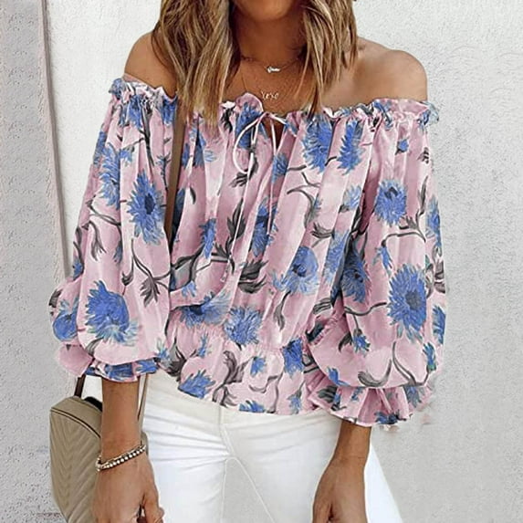 Lolmot Womens Off Shoulder Chiffon Blouse Sexy 3/4 Sleeve Shirts Loose Fit Tunics Blouses Casual Boho Floral Print Drawstring Shirts Tops