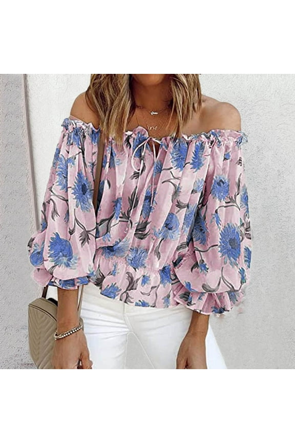 Lolmot Womens Off Shoulder Chiffon Blouse Sexy 3/4 Sleeve Shirts Loose Fit Tunics Blouses Casual Boho Floral Print Drawstring Shirts Tops