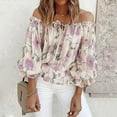 thumbnail image 1 of Lolmot Womens Off Shoulder Chiffon Blouse Sexy 3/4 Sleeve Shirts Loose Fit Tunics Blouses Casual Boho Floral Print Drawstring Shirts Tops, 1 of 4