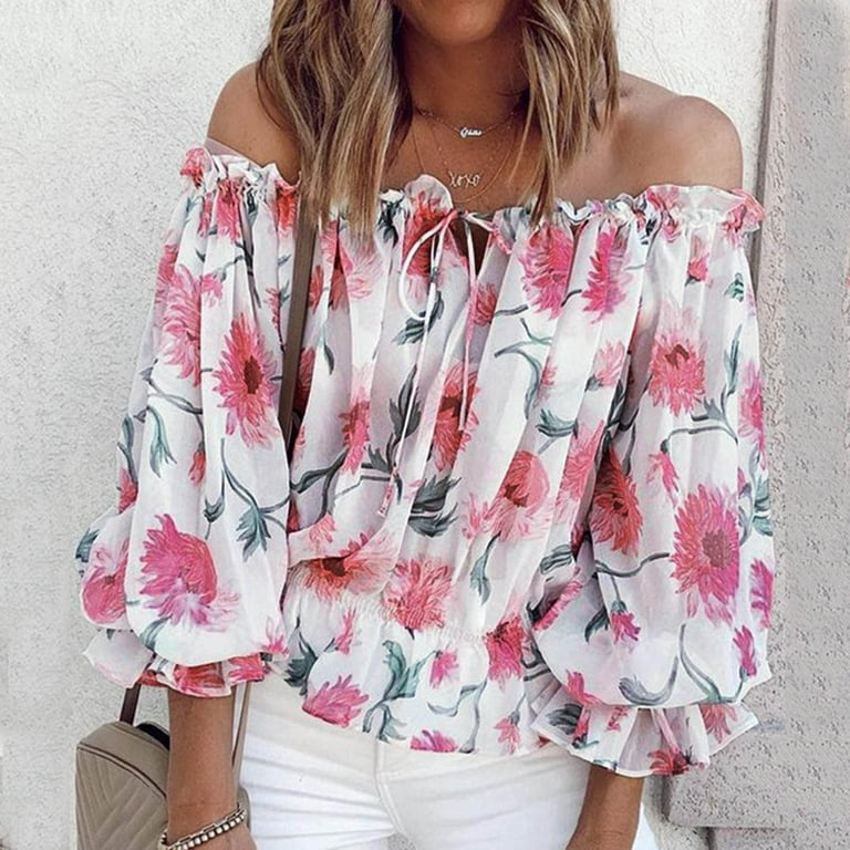 Lolmot Womens Off Shoulder Chiffon Blouse Sexy 3/4 Sleeve Shirts Loose Fit  Tunics Blouses Casual Boho Floral Print Drawstring Shirts Tops 