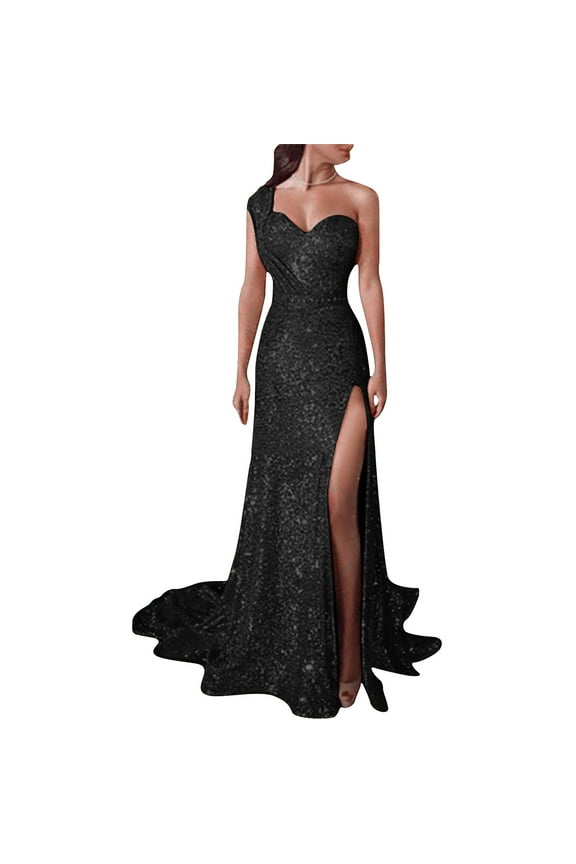 Womens One Shoulder Sequin Sparkly Halter Slim Wrap High-Waisted Dress Side Zipper Split Hem Maxi Dresses Formal Dress Party Gowns