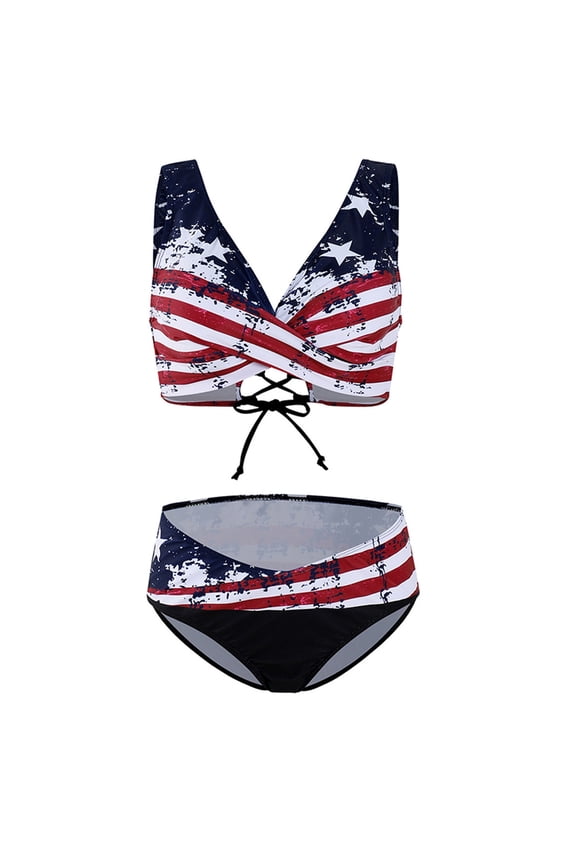 Lolmot Womens Padded Push-up Bra Bikini Set Swimsuit American Flag Print Bathing Suit Swimwear Beachwear V Neck Underwire Bikini Two Piece Swimsuit