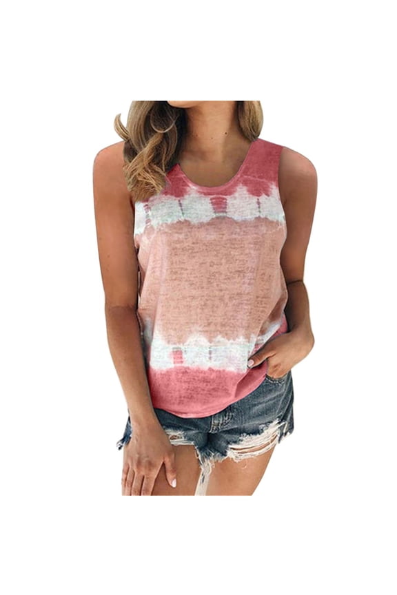 Lolmot Womens Plus Size Fashion O-Neck Tie Dye Tank Top Loose Fit Printed Stripes Casual T-Shirt Summer Tops Blouse Sleeveless