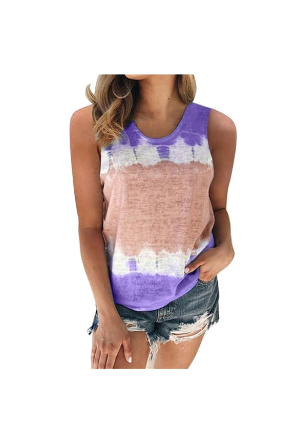 Lolmot Womens Plus Size Fashion O-Neck Tie Dye Tank Top Loose Fit Printed Stripes Casual T-Shirt Summer Tops Blouse Sleeveless