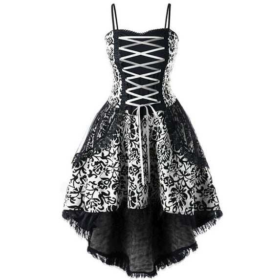Up to 65 off!Lolmot Womens Plus Size Sleeveless Punk Dress Vintage Spaghetti Straps Midi Dress Gothic High Low Floral Lace Tie-Up Corset Cocktail Dress