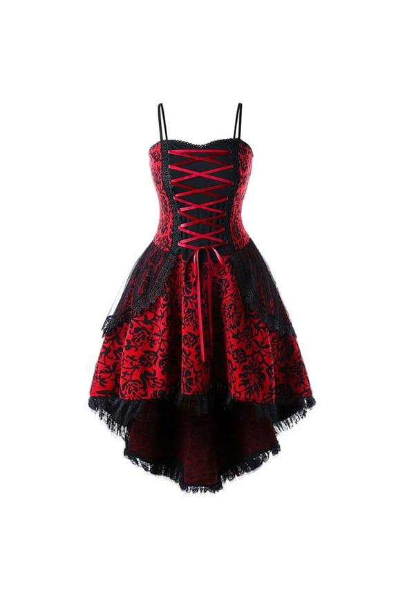 Up to 65 off!Lolmot Womens Plus Size Sleeveless Punk Dress Vintage Spaghetti Straps Midi Dress Gothic High Low Floral Lace Tie-Up Corset Cocktail Dress