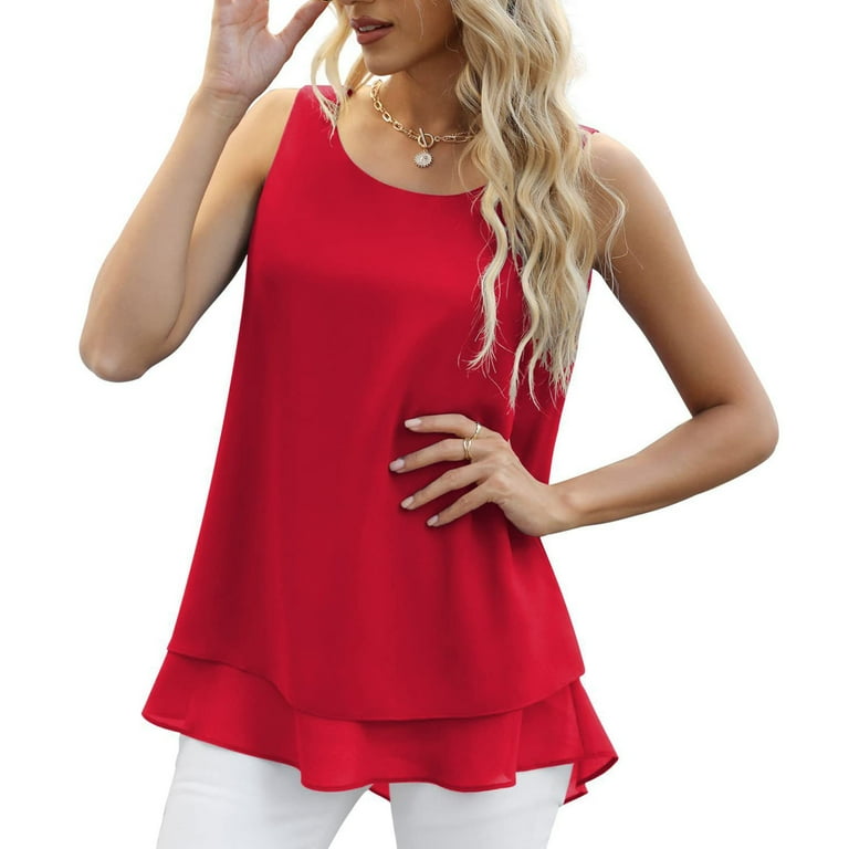 Lolmot Womens Plus Size Tank Tops Summer Flowy Solid Color Double Layered  Chiffon Blouse Casual Loose Fit Sleeveless Tunic Shirts on Clearance