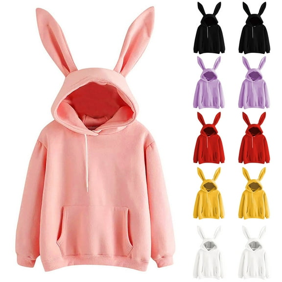 Lolmot Womens Rabbit Ear Hoodie Solid Color Bunny Ear Long Sleeves Drawstring Cute Embroidery Pullover Sweatshirts