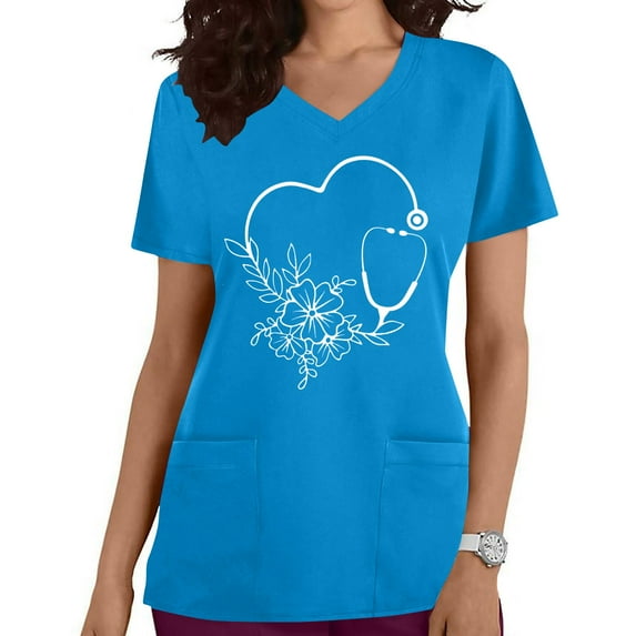 Up to 65 off!Lolmot Womens Scrub Tops Summer Casual V Neck Nurse Uniform Heart Print Short Sleeve Shirt Working Scrubs with Pockets on Clearance