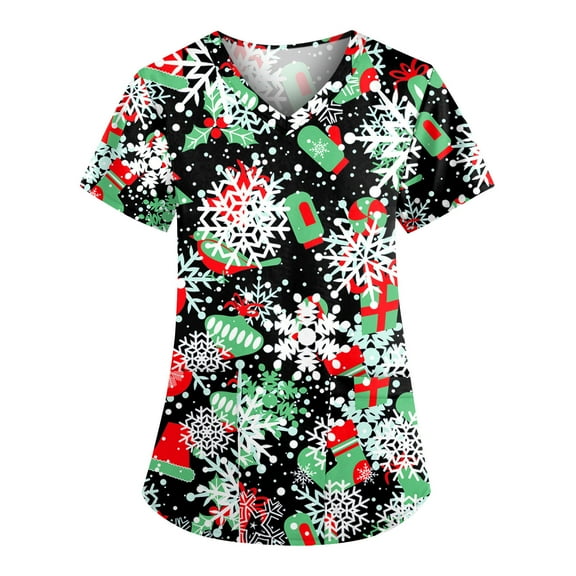 Lolmot Womens Scrubs Christmas Casual Breathable Short Sleeve V- Neck Cute Scrub Tops with Pockets Snowman Snowflakes Print Holiday Workwear