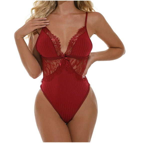 Lolmot Womens Sexy Bodysuit Lingerie One Piece Babydoll V Neck Teddy Snap Crotch See Through Lingerie